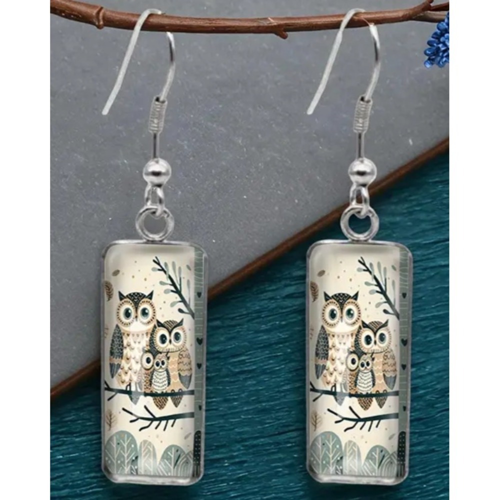 owl animal print horizontal cabochon glass dangling earrings